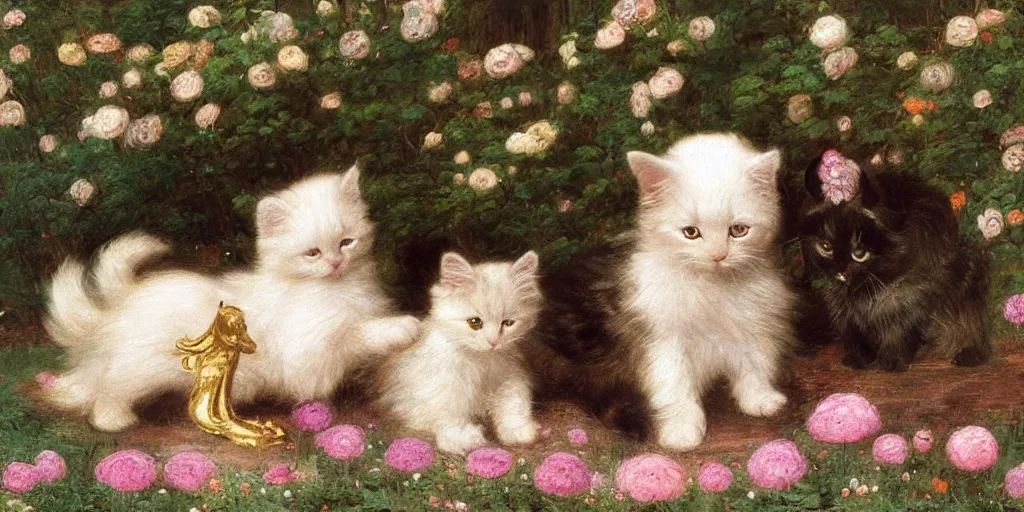 Image similar to 3 d precious moments plush puppy and kitten with realistic fur and gold, white, pastel blue, deep greencolor scheme, field of flowers, petals falling, master painter and art style of john william waterhouse and caspar david friedrich and philipp otto runge