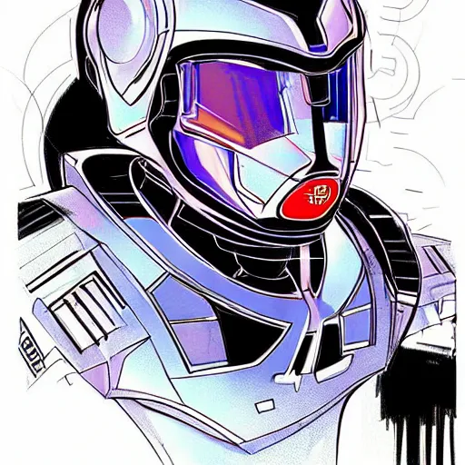 Image similar to video game concept sketch of a hi - tech robot portrait by cam sykes. an incredible final inked and colored concept art illustration by shaddy safadi. in the style of syd mead.
