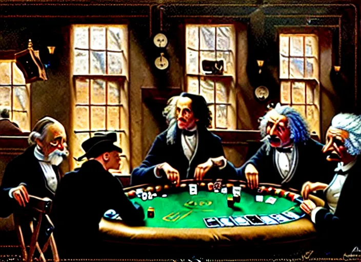 Image similar to isaac newton and stephen hawkins and albert einstein playing poker in an old west saloon, intricate, highly detailed, centered, digital painting, artstation, concept art, smooth, sharp focus, illustration, art by james gurney and norman rockwell and greg rutkowski