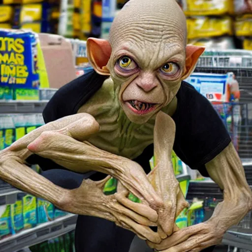 Image similar to gollum has giant chicken legs instead of his legs in a walmart