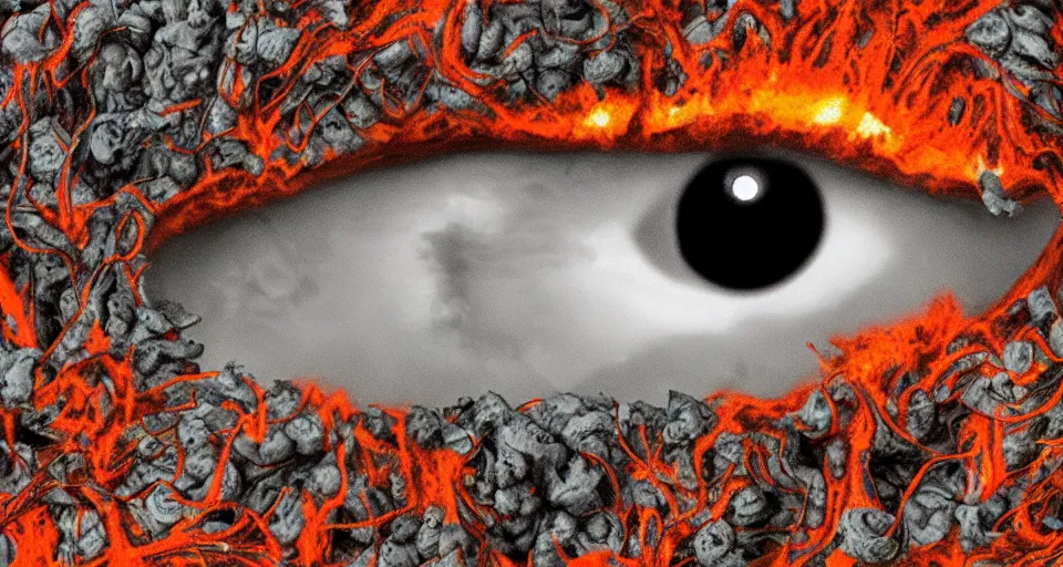 Image similar to a volcano made of ivory vines and crimson rocks enters in eruption, it spits a smoke in the shape of demonic eye, by Allie brosh