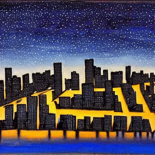Image similar to night scene of a city. The darkness of the night is illuminated by artificial lighting. The sky is painted with cobalt blue, and shimmers with the light of stars. The buildings are painted in black, and stand out against the sky. They are silhouetted against a background which is painted with hazy grey.