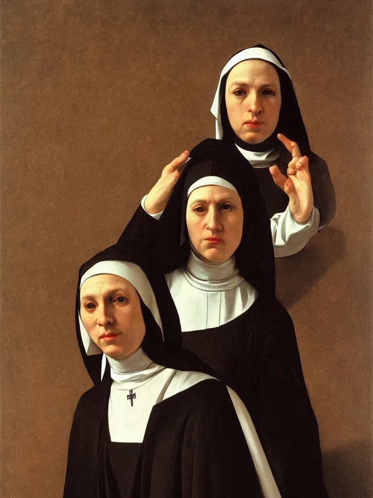 Image similar to a very detailed oil painting of the nun sainte claire wearing clarise habit, beautiful landscape background, half body, by caravaggio