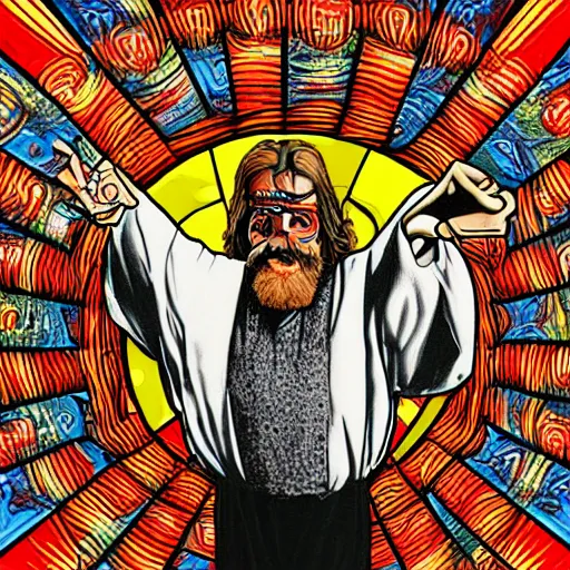 Image similar to The Dude from The Big Lebowski LSD sheet blotter art