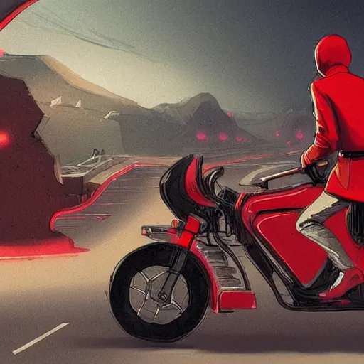 Image similar to man with a red jacket on a old highway walking toward a red futuristic racing motorbike, isometric view from behind, ink drawing, wide angle, ultra realistic, intricate details, ultra detailed, sharp focus, trending on artstation, art by artgerm and greg rutkowski