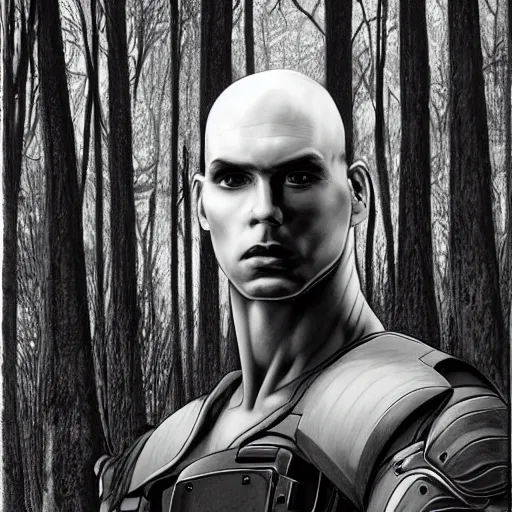 Image similar to portrait of a 1 5 foot tall, muscular, bald, smooth, extremely pale, androgynous humanoid with a perfectly symmetrical face, fully dressed in black body armour, in the background is a dense and foggy forest of trees, intricate detail, smooth, sharp focus, monochrome, high contrast, art by roberto robert,