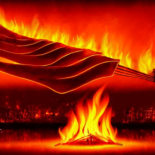 Image similar to in the lower part of the picture is the harp burning in the fire, above are cranes flying in flames, digital painting, concept art