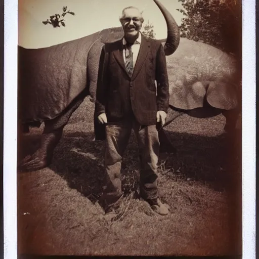 Image similar to old polaroid photo of an old man hunter standing proudly next to a triceratops corpse