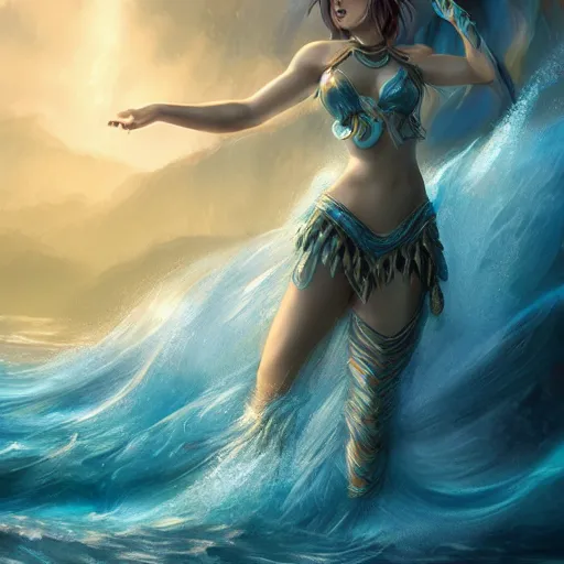 Prompt: beautiful goddess of water stands in her power as waves crash around her, 8k resolution matte fantasy painting, cinematic lighting, DeviantArt Artstation, by Ross Tran