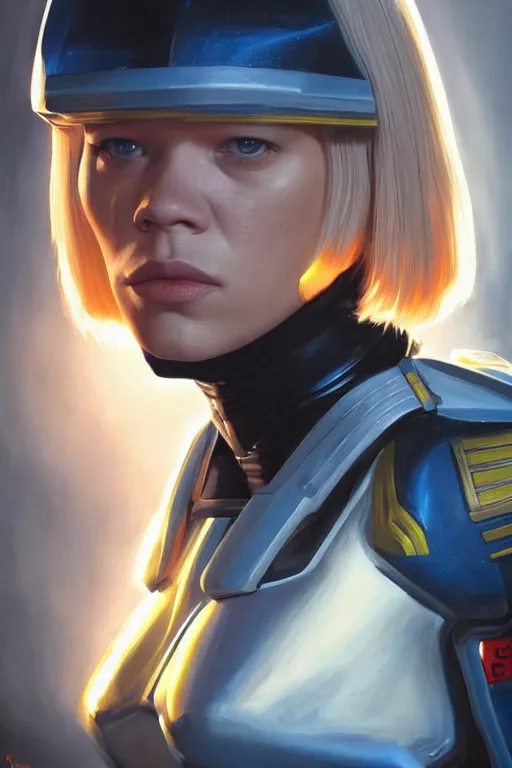 Image similar to a striking painting of Léa Seydoux as 2000AD Judge Anderson, strong lighting, ultra realism, highly detailed, trending on artstation, 4K, HD, oil on canvas