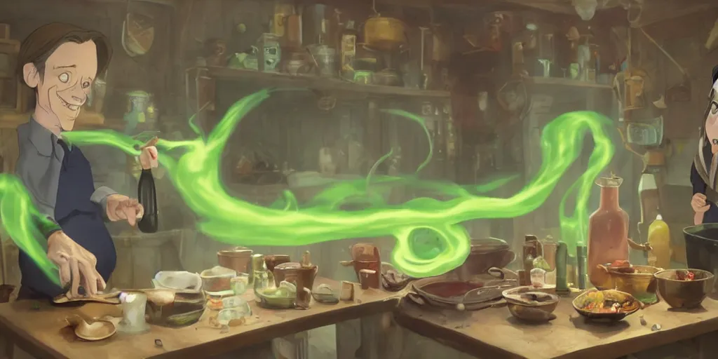 Image similar to a wholesome animation key shot of a steve buscemi with black hair as a witch cooking a magic potion in his cauldron of bubbling green liquid as his cats watch, medium shot, waist up, studio ghibli, pixar and disney animation, sharp, rendered in unreal engine 5, anime key art by greg rutkowski, bloom, dramatic lighting