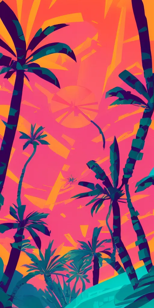 Prompt: cursed multicolored palm trees, tom whalen, james gilleard, liam brazier, tristan eaton