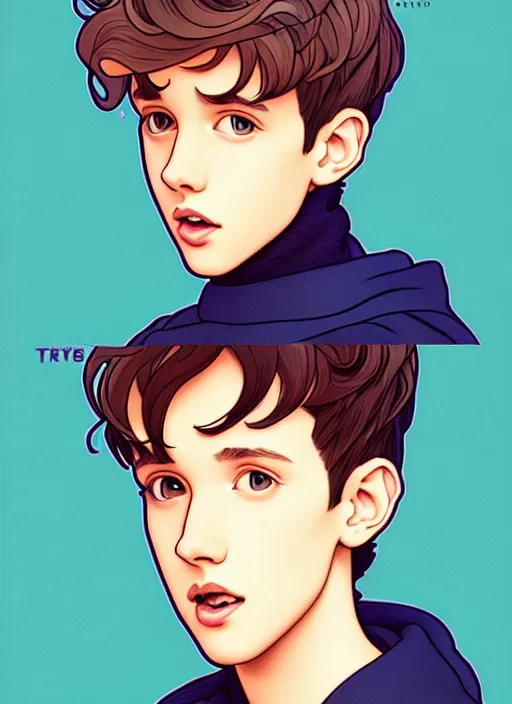 Prompt: cute troye sivan trading card design, natural lighting, path traced, highly detailed, high quality, digital painting, by don bluth and ross tran and studio ghibli and alphonse mucha, artgerm