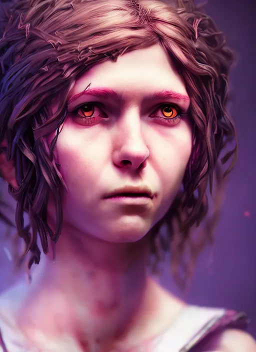 Image similar to an epic fantasy comic book style portrait painting of a girl with short straggly hair, low lethargic insouciance voice with a drawl wearing a ragged dress, unreal 5, daz, hyperrealistic, octane render, cosplay, rpg portrait, dynamic lighting