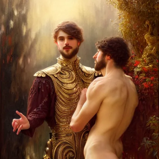 Prompt: attractive fully clothed king confesses his love for his attractive fully clothed male prince. highly detailed painting by gaston bussiere, tom bagshaw 8 k