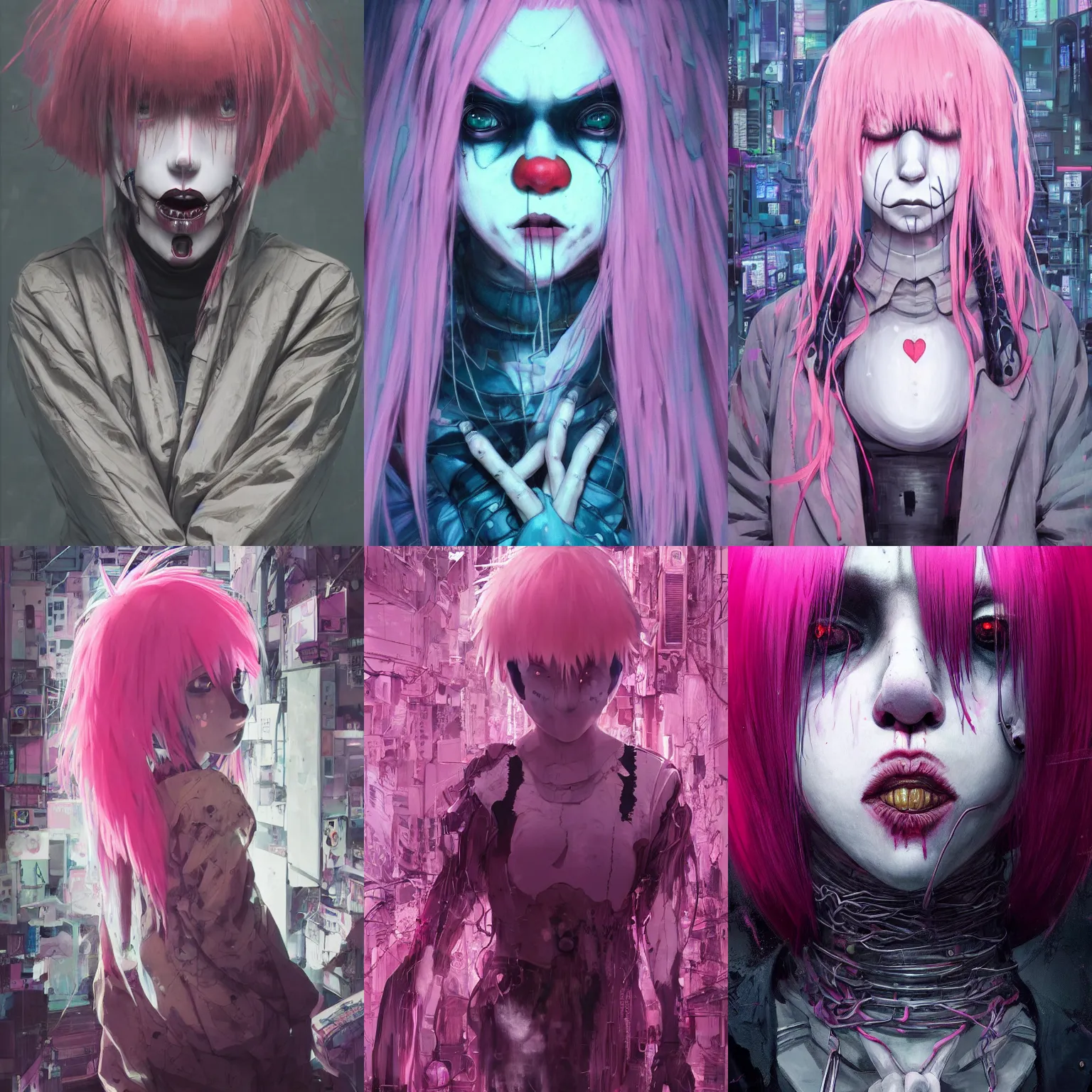 Prompt: by kyoto animation, very creepy clown ghost in the shell girl pink hair, tears from the eyes, wearing cyberpunk intricate streetwear, beautiful, detailed portrait, intricate complexity, ilya kuvshinov, cell shaded, 4 k, concept art, by wlop, ilya kuvshinov, greg rutkowski, sharp focus, volumetric lighting, cinematic lighting