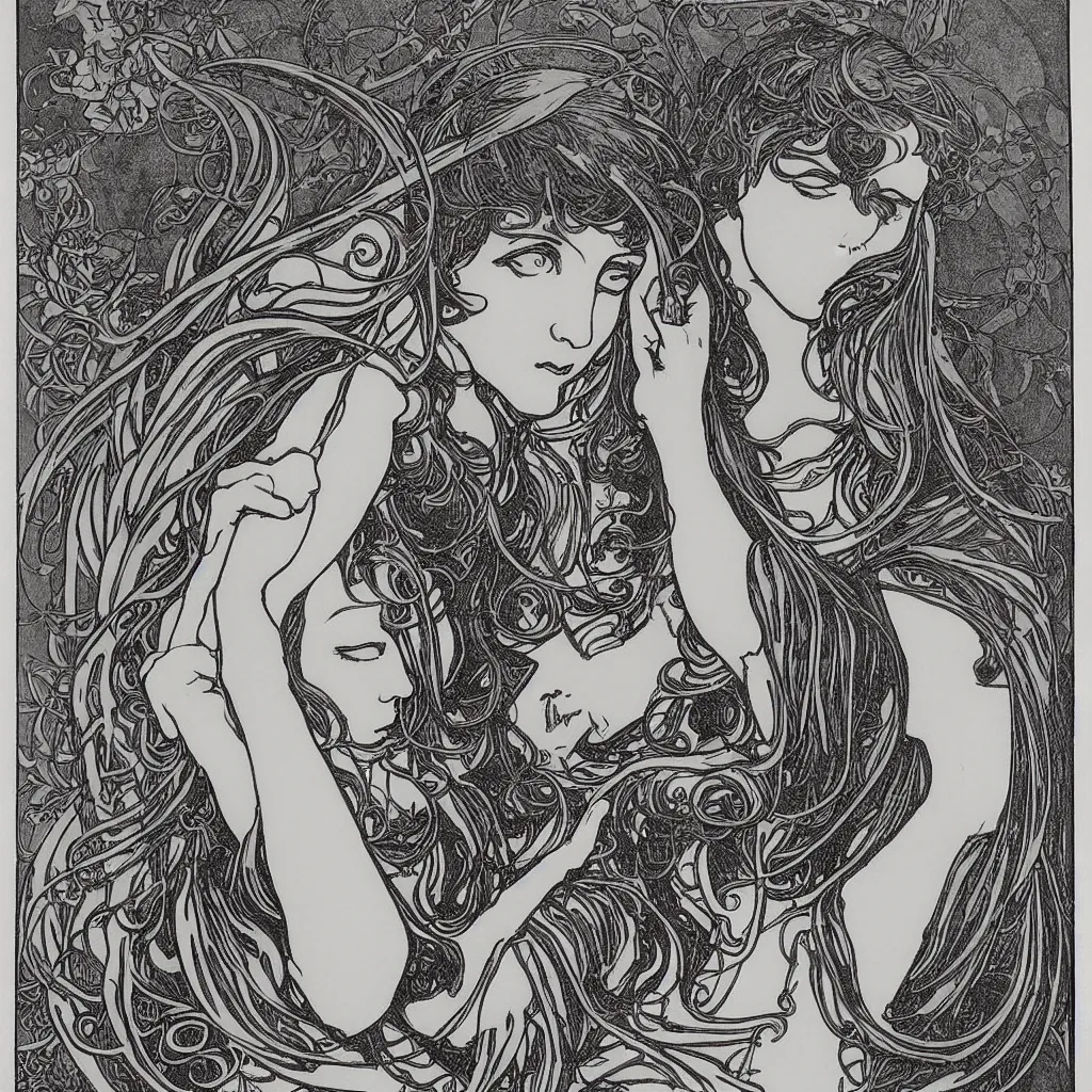 Image similar to a monochromatic art nouveau, engraving by Mucha, engraving by Beardsley