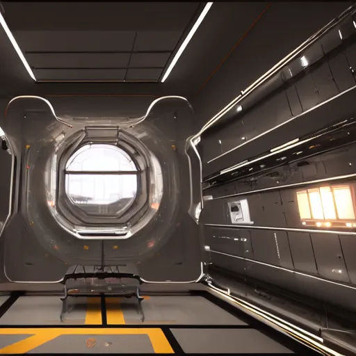 Image similar to space laboratory, cozy, simple, reflective surfaces, unreal engine 5 tech demo, unsplash