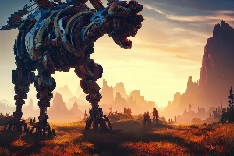 Image similar to tallneck machine mecanical creature robot of horizon forbidden west horizon zero dawn radiating a glowing aura global illumination ray tracing hdr fanart arstation by ian pesty and alena aenami artworks in 4 k