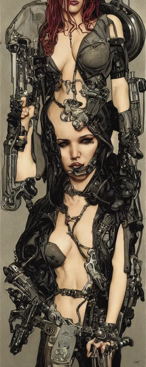 Prompt: striking sensual indudtrial art nouveau style portrait of cristina ricci as an cyberpunk heavy metal rebel soldier by travis charest, simon bisley and alphonse mucha, photorealism, extremely hyperdetailed, perfect symmetrical facial features, perfect anatomy, ornate declotage, weapon, latex, excited expression, wild eyes