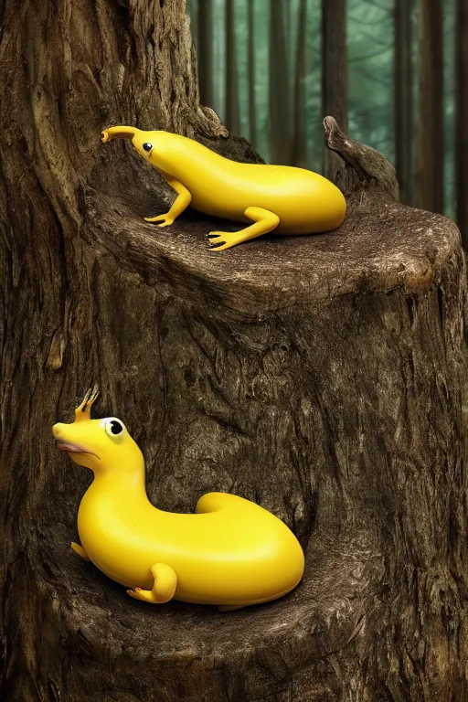 Prompt: A brilliant yellow banana slug with deer antlers, poised magnificently on a tree stump deep in a redwood forest, magical, deep woods, octane render, 8k,realism, natural lighting, digital art, fantasy creature, realistic Trending on artstation, artstationHD, artstationHQ, 4k, 8k