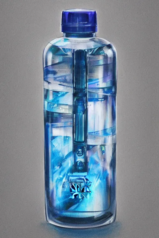 Image similar to concept art of a rolex - star wars liquid dietary supplement in a transparent bottle filled with blue magenta iridescent liquid, by aenaluck, artgerm and roberto ferri and greg rutkowski, blue and white tones, digital painting, artstation, concept art, smooth, sharp foccus ilustration hq