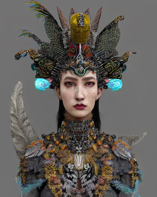 Image similar to 3 d warrior goddess medium shot portrait. beautiful hyperrealistic intricate highly detailed magpie helm and richly embroidered blouse, quetzalcoatl, bioluminescent, curious, kintsugi, plasma, lava, ice, feather, artwork by tooth wu and wlop and chiara bautista, octane 3 d render