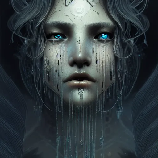 Image similar to mourning crying ghost, very detailed face, detailed features, fantasy, circuitry, explosion, dramatic, intricate, elegant, highly detailed, digital painting, artstation, concept art, smooth, sharp focus, illustration, art by Gustave Dore, octane render