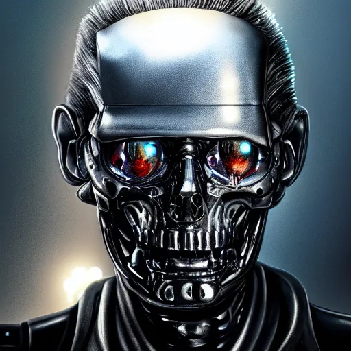 Prompt: highly detailed portrait of a terminator with borg enhancements, 8k. There is a dystopian city in the background