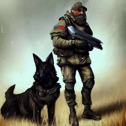 Image similar to two humanoid german shepherds beast - men in military style, they holding a beer, artstation, concept art, smooth, sharp foccus ilustration, artstation