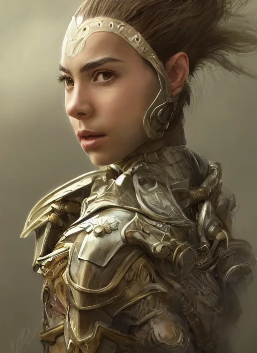 Image similar to a professional portrait of a beautiful young female, clothed in ethereal battle armor, olive skin, long dark hair, beautiful bone structure, symmetrical facial features, intricate, elegant, digital painting, concept art, smooth, sharp focus, finely detailed, illustration, from Valerian and the City of a Thousand Planets, in the style of Ruan Jia and Mandy Jurgens and Artgerm and Greg Rutkowski and William-Adolphe Bouguerea