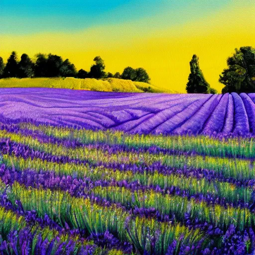 Prompt: painting of lavender field, highly detailed, golden hour