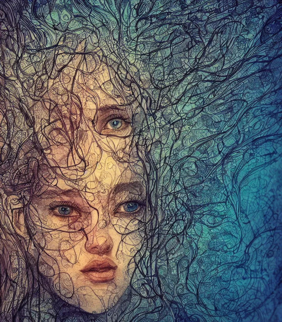 Prompt: beautiful sketched face surrounded by neurons, realistic illustration, backlit, intricate, indie studio, fantasy, rule of thirds, vibrant colors, rim lighting, emotional