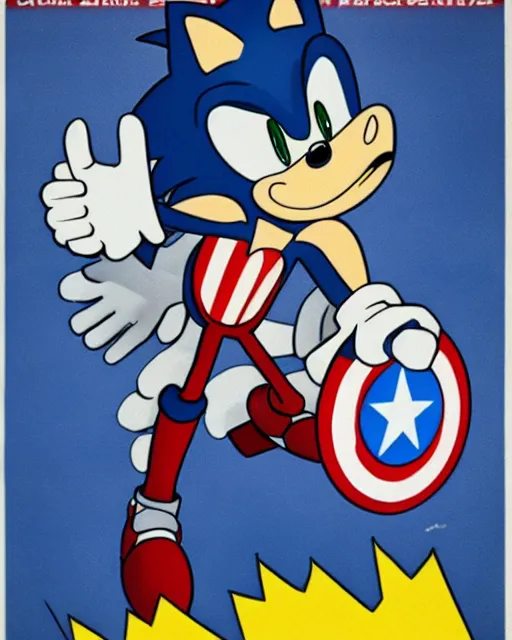 Image similar to sonic the hedgehog with captain america's shield promoting the war against capitalism propaganda poster, communist propaganda