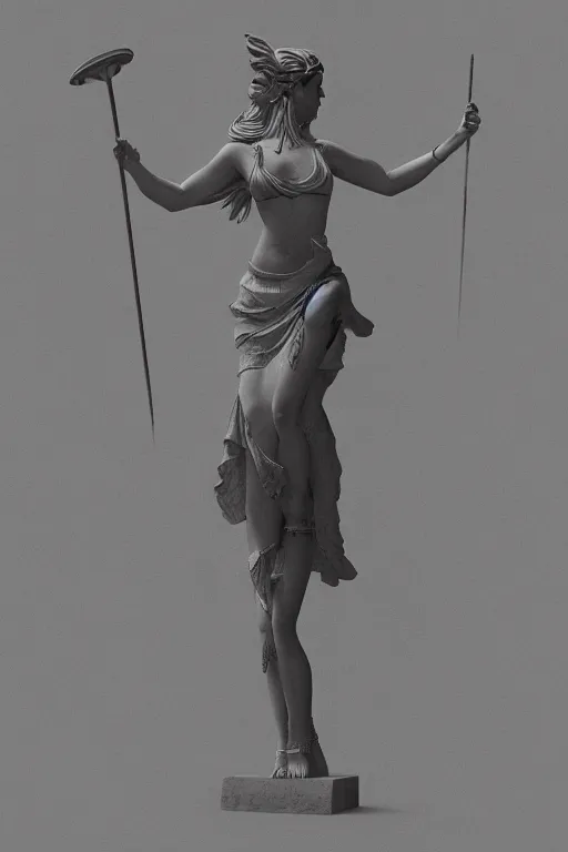 Prompt: a statue of a greek goddess dancing next to a temple in a standing pose with arms by her body, digital illustration, trending on artstation