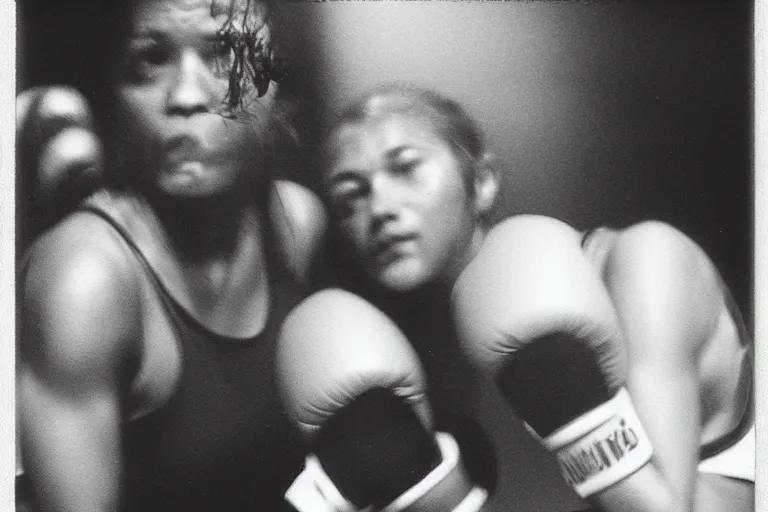 Image similar to close up portrait of women boxing moment of knock out with brews blood sweating, photography photojournalism, very grainy image, 50mm lens, close up portrait polaroid