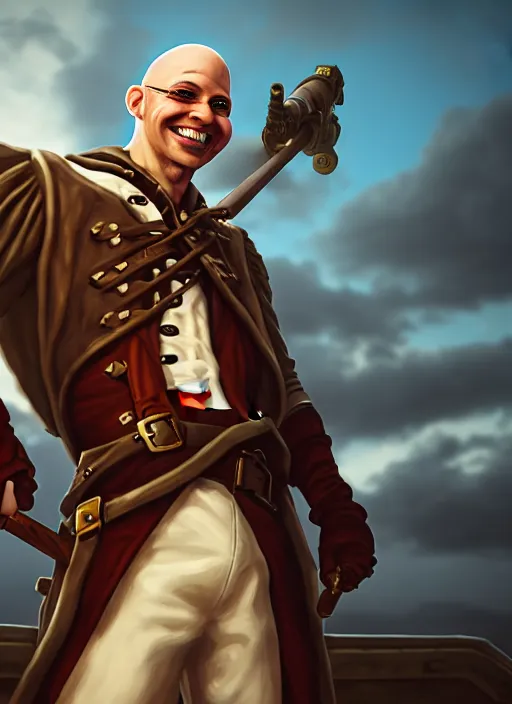 Image similar to An epic fantasy comic book style portrait painting of a skinny white bald sky-pirate with a goofy expression sitting in front of a ship's cannon, unreal 5, DAZ, hyperrealistic, octane render, cosplay, RPG portrait, dynamic lighting