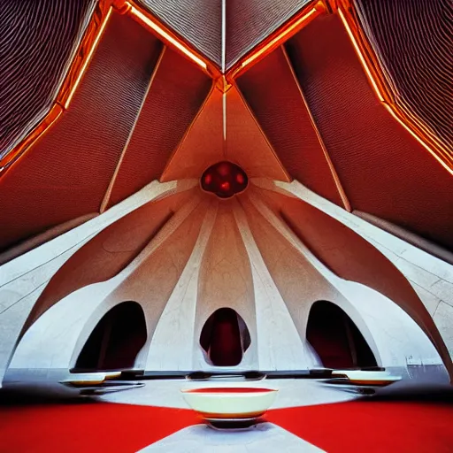 Image similar to interior of a futuristic lotus temple with gold, red and white marble panels, in the desert, by buckminster fuller and syd mead, intricate contemporary architecture, photo journalism, photography, cinematic, national geographic photoshoot