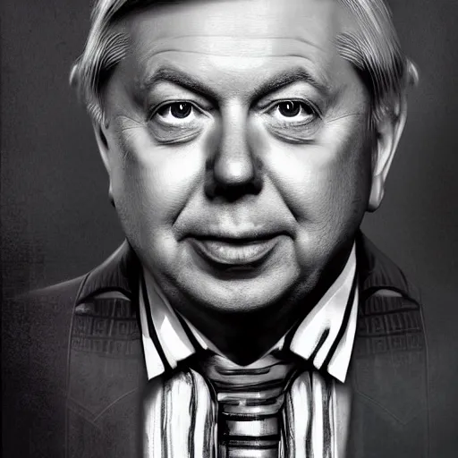 Image similar to portrait of lindsey graham dressed like a court jester. highly detailed, digital painting, cinematics, hyper realistic. dark retrowave. by stanley lau, villeneuve