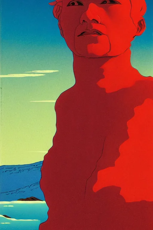 Image similar to a closeup portrait of anti - gravity, a young siberian man dreaming psychedelic hallucinations in the vast icy landscape of antarctica, volcano lava drips in anti - gravity by kawase hasui, moebius and edward hopper, colorful flat surreal design, hd, 8 k, artstation