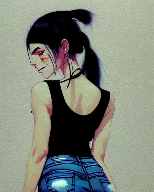 Image similar to a ultradetailed beautiful painting of a stylish woman, she is wearing a black tank top and jeans, she has white hair in a pony tail, by conrad roset, greg rutkowski and makoto shinkai trending on artstation