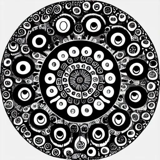 Prompt: wheel made of eyes arranged in a circle, style of aubrey beardsley