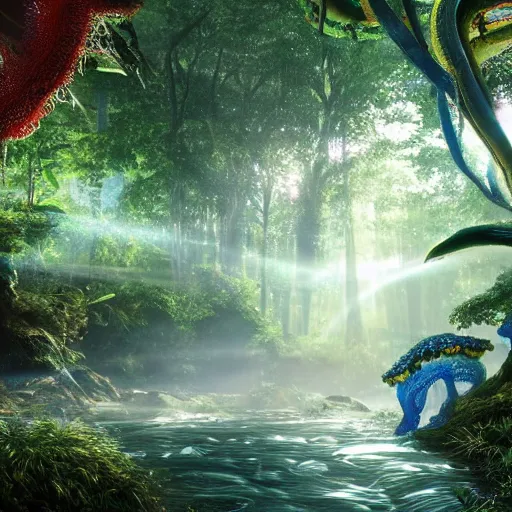 Image similar to Loving romantic drawing of a deep rain forest, light rays from the tree tops, small blue river on the ground, many dancing colorfull squid robots flying around, hypermaximalistic, high details, cinematic, 8k resolution, beautiful detailed, insanely intricate details, artstation trending, octane render, unreal engine