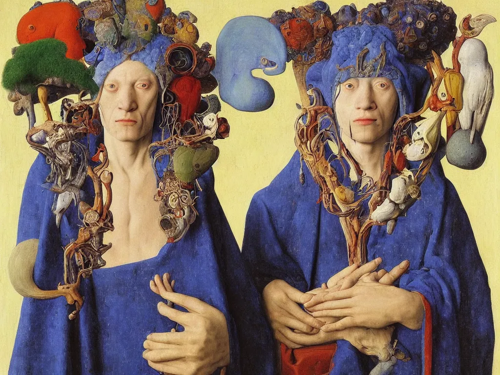 Prompt: Portrait of albino mystic with blue eyes, with totemic archaic mask made from lapis lazuli. Painting by Jan van Eyck, Audubon, Rene Magritte, Agnes Pelton, Max Ernst, Walton Ford