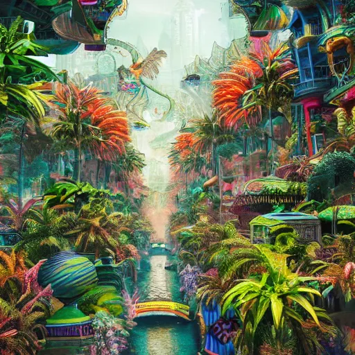 Image similar to colorful jungle city, digital art, cosmic, 3 d high definition, trending on art station, photorealistic, high resolution, v 8 k, octane, hyper detailed, insane details, intricate, elite, ornate, elegant trend, highly detailed and intricate, sharp focus, photography, unreal engine