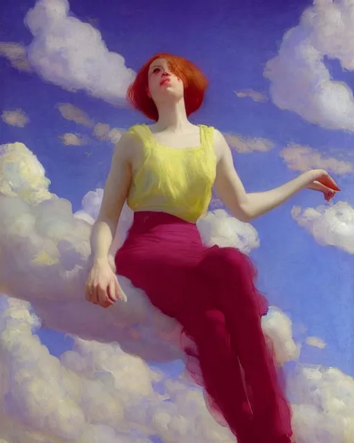 Image similar to a beautiful girl floating in colourful clouds, painted by edgar maxence, edward hopper, wayne barlowe, painted by james gilleard and james jean. 8 k realistic, hyperdetailed, beautiful lighting, detailed background, depth of field,