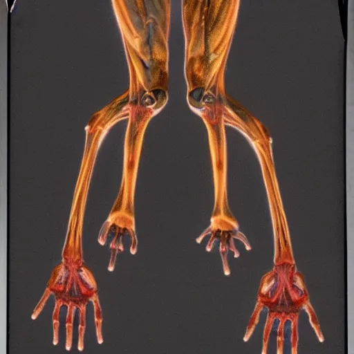 Prompt: body is of a anomalous humanoid with premortem history of severe injury. of ten external limbs, three show signs of amputation below the second joint. head is presumed to have been humanoid prior to injury, with the exception of a bilaterally symmetric third orbit located 1. 2 cm above the frontal prominence, angel autopsy pictures