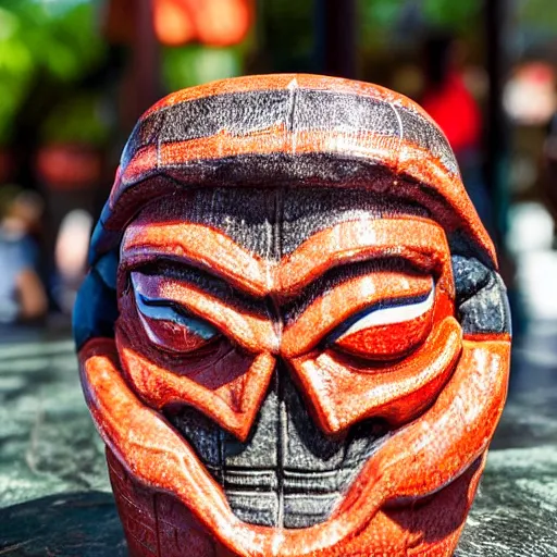 Image similar to a closeup photorealistic capture of glossy spider man style tiki mug at an outdoor trader vic's bar featuring the face of spider man. tiki theme. bright scene. fine detail. this 4 k hd image is trending on artstation, featured on behance, well - rendered, extra crisp, features intricate detail, epic composition and the style of unreal engine.