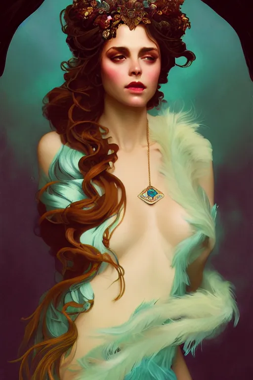 Prompt: ombre velvet gown, beautiful elegant dryad, feathers, beautiful face by leyendecker, long hair, cyan, dozens of jeweled necklaces, by greg rutkowski, brom, anato finnstark, alphonse mucha, oil painting, highly detailed, cinematic lighting, unreal,