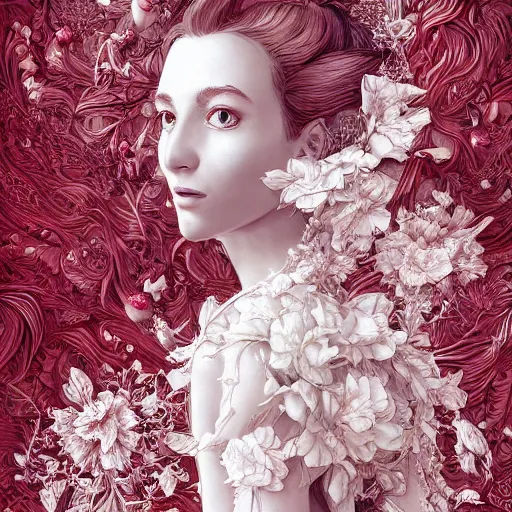 Image similar to the portrait of an absurdly beautiful, graceful, elegant, sophisticated, fashionable woman made of strawberries and white petals looking down, an ultrafine hyperdetailed illustration by kim jung gi, irakli nadar, intricate linework, bright colors, octopath traveler, final fantasy, unreal engine 5 highly rendered, global illumination, radiant light, detailed and intricate environment